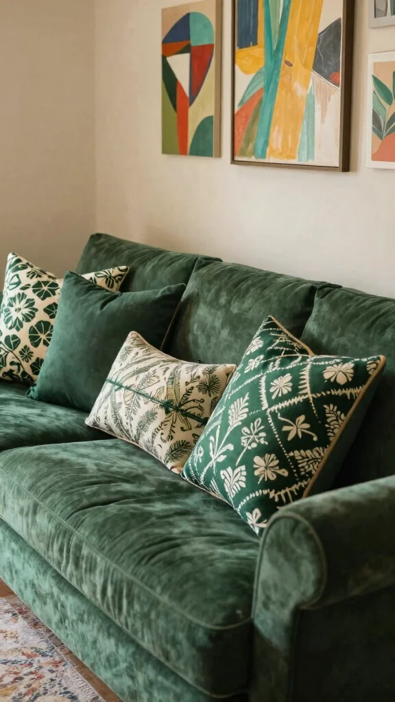 11 Dark Green Pillow Ideas for a Moody Rich Living Room or Bedroom - 3. Patterns and Prints: A Playful Take on Dark Green 1