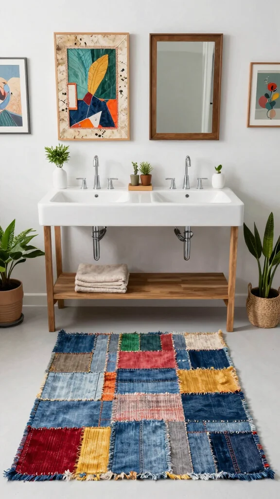 11 Extra-Long Bathroom Rug Ideas for Double Sinks and Wide Vanities - 4. Recycled Denim Rug 1