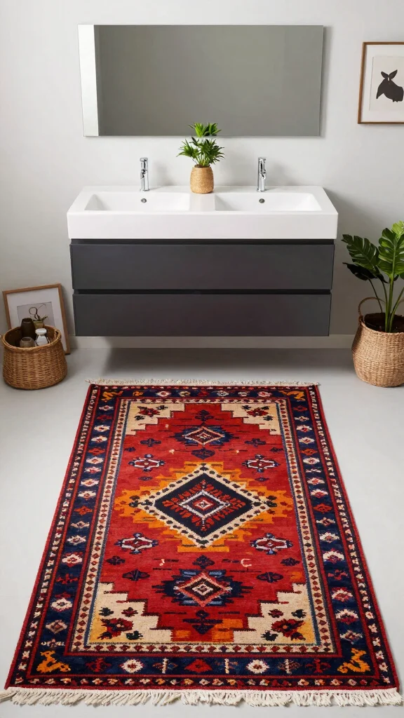 11 Extra-Long Bathroom Rug Ideas for Double Sinks and Wide Vanities - 9. Vintage Kilim Charm 1
