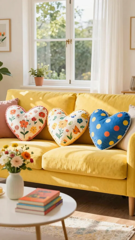 11 Heart-Shaped Pillow Ideas for a Sweet Romantic Home Accent - 2. Cotton Heart Pillow with Playful Patterns 1