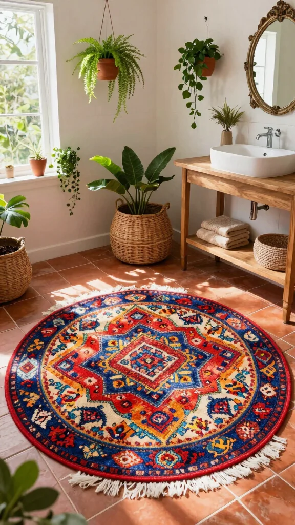 11 Large Round Bathroom Rug Ideas for a Bold Centered Floor Moment - 1. Vibrant Bohemian Patterns 1
