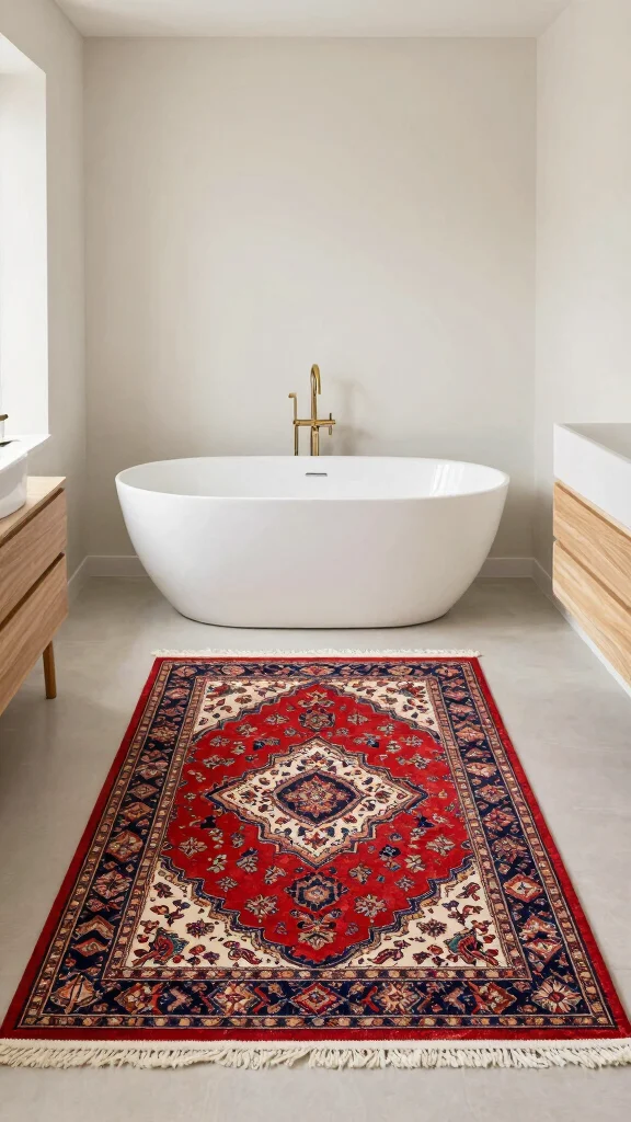 11 Persian Rug Ideas for the Bathroom for a Bold Vintage Floor Moment - 4. Statement Piece Accent 1