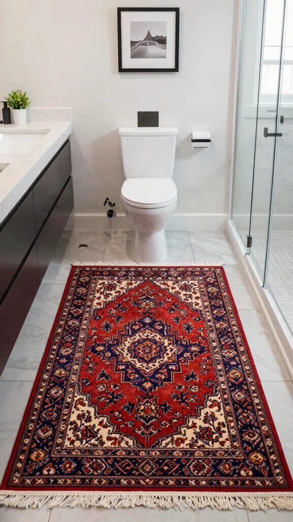 11 Persian Rug Ideas for the Bathroom for a Bold Vintage Floor Moment - 9. Adding Character to Modern Bathrooms 1