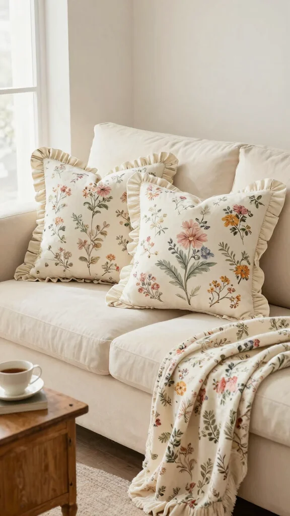 11 Ruffle Pillow Ideas for a Soft Romantic Feminine Touch - 2. Floral Printed Ruffled Throw Pillows 1