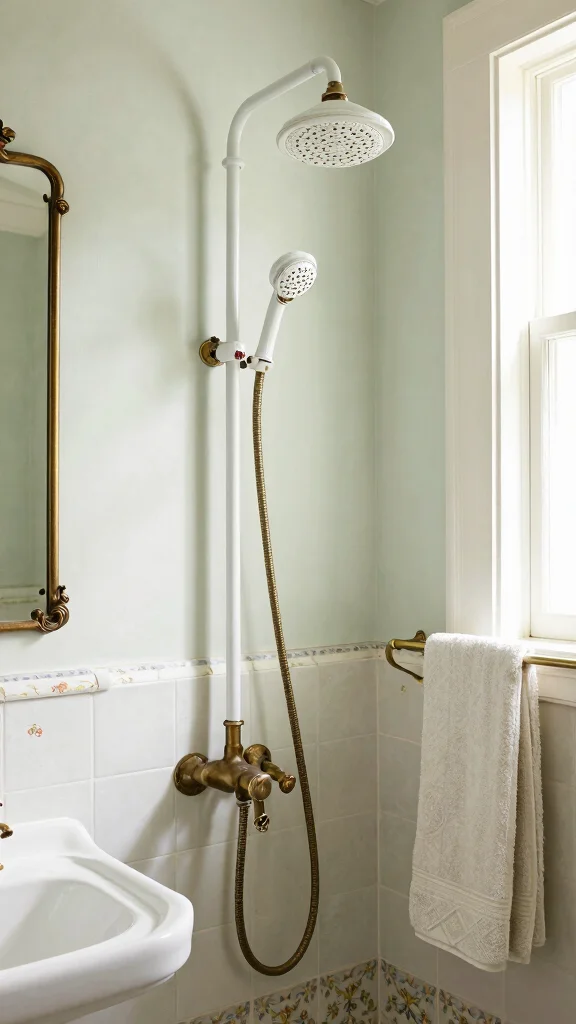 11 Vintage Shower Head Ideas for a Classic Period-Inspired Bathroom - 4. Classic Porcelain and Vintage Bronze 1