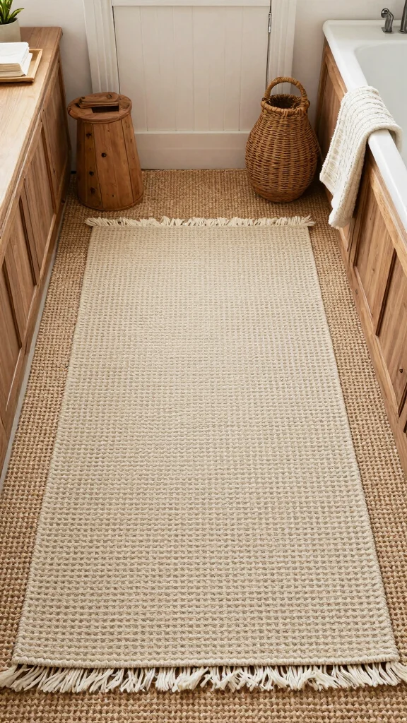 11 Waffle-Weave Bathroom Rug Ideas for a Light Quick-Drying Floor Textile - 9. Natural Jute and Waffle Weave Combo 1