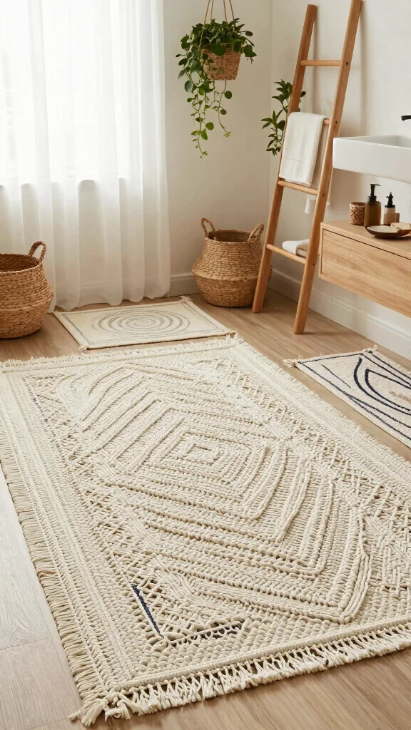 12 3-Piece Bathroom Rug Set Ideas for a Coordinated Complete Floor - 5. Bohemian Macramé Accents 1