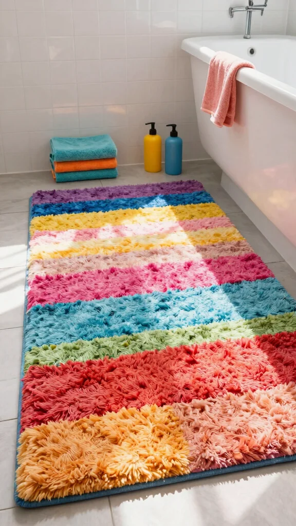 12 Bathroom Rug and Runner Ideas for a Layered Cohesive Floor - 7. Colorful Shag Rugs 1