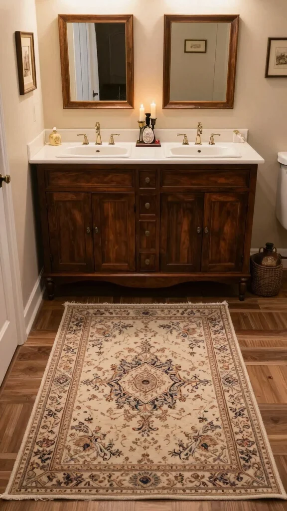12 Bathroom Runner Rug Ideas for Narrow Floors and Double Vanities - 4. Vintage Charm with Area Rugs 1