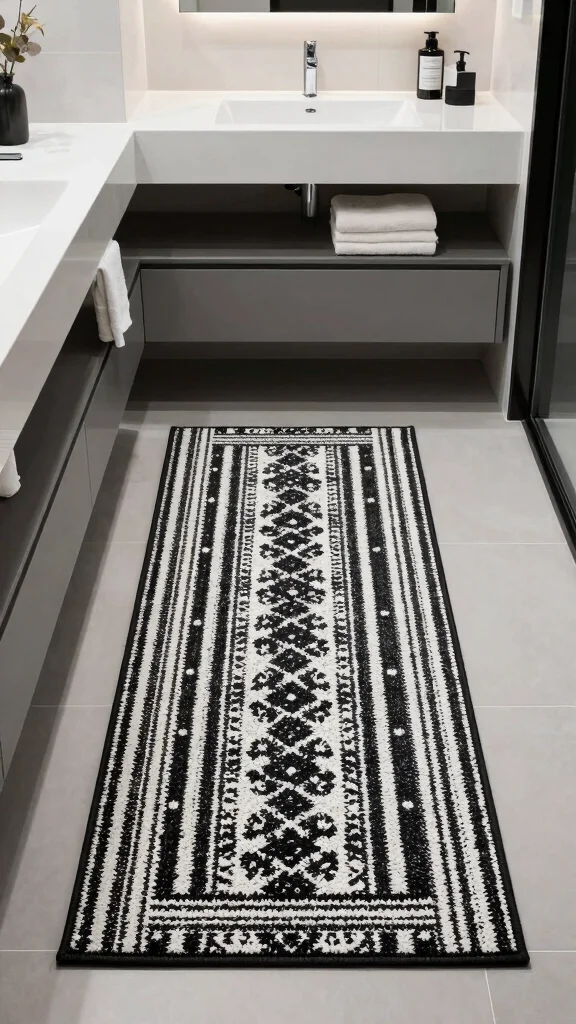 12 Bathroom Runner Rug Ideas for Narrow Floors and Double Vanities - 5. Monochrome Magic 1