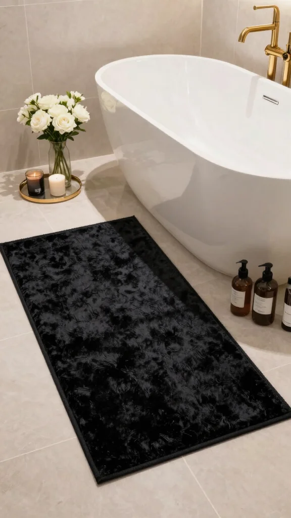 12 Black Bathroom Rug Ideas for a Bold Grounding Floor Detail - 1. Elegant Velvet Black Bathroom Rug 1