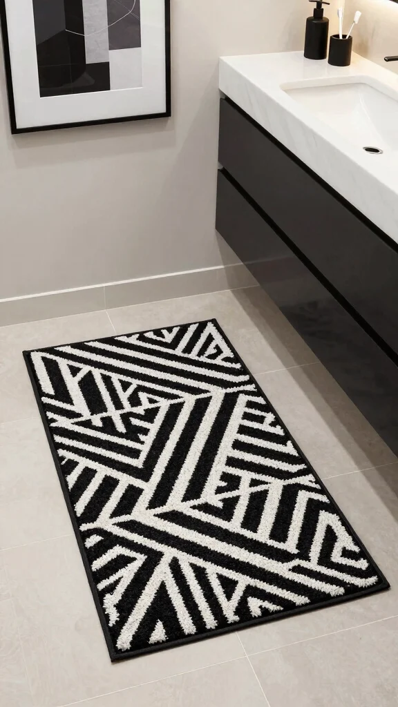 12 Black Bathroom Rug Ideas for a Bold Grounding Floor Detail - 3. Geometric Patterned Black Bath Rug 1