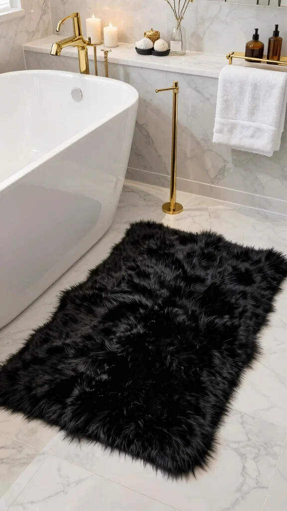 12 Black Bathroom Rug Ideas for a Bold Grounding Floor Detail - 5. Luxurious Faux Fur Bath Rug 1