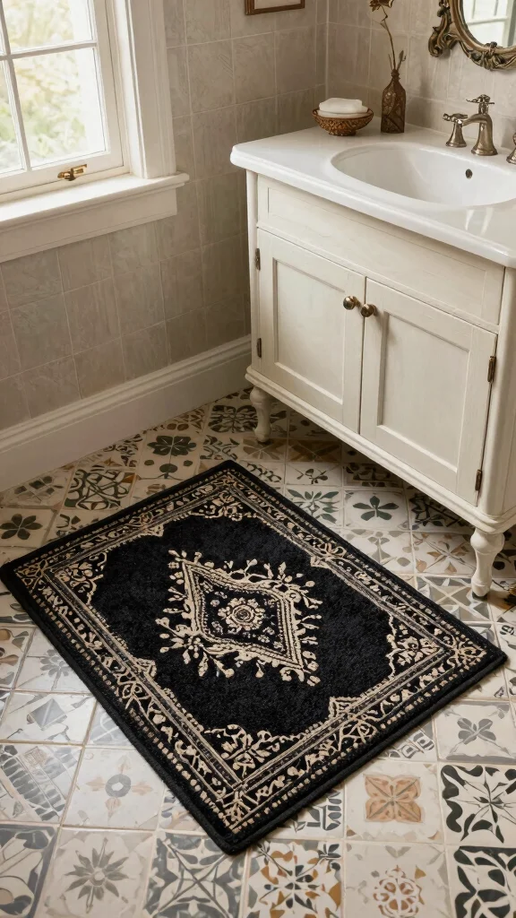 12 Black Bathroom Rug Ideas for a Bold Grounding Floor Detail - 6. Vintage-Inspired Black Bath Mat 1