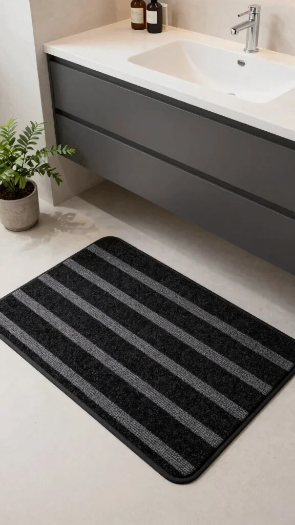 12 Black Bathroom Rug Ideas for a Bold Grounding Floor Detail - 7. Minimalist Striped Black Bath Mat 1