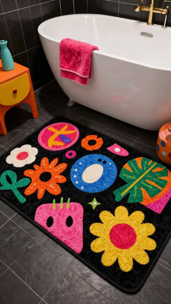 12 Black Bathroom Rug Ideas for a Bold Grounding Floor Detail - 8. Artistic Printed Black Bath Rug 1