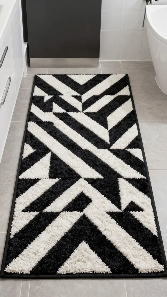 12 Black and White Bathroom Rug Ideas for a Timeless Graphic Floor - 1. Geometric Bliss 1