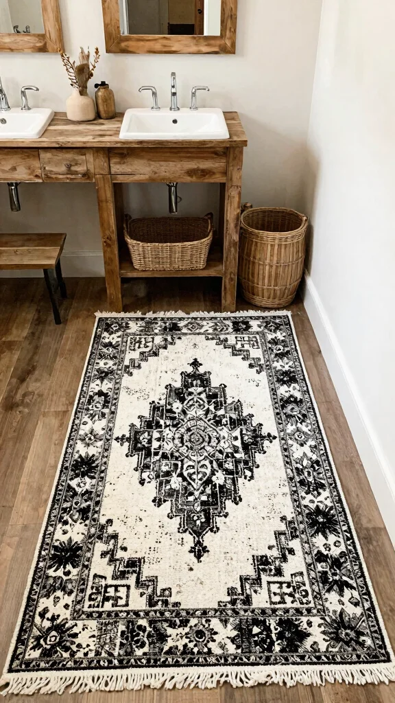12 Black and White Bathroom Rug Ideas for a Timeless Graphic Floor - 10. Rustic Charm 1