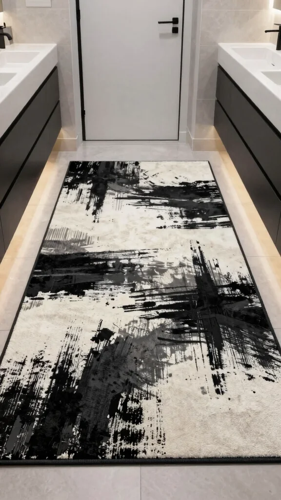 12 Black and White Bathroom Rug Ideas for a Timeless Graphic Floor - 11. Contemporary Art 1