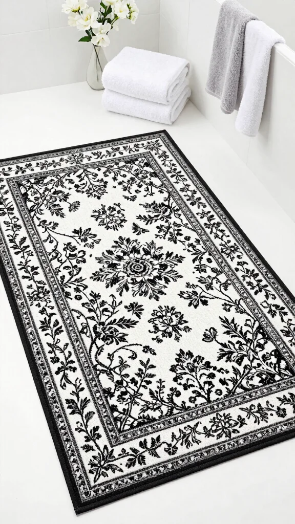 12 Black and White Bathroom Rug Ideas for a Timeless Graphic Floor - 5. Floral Elegance 1