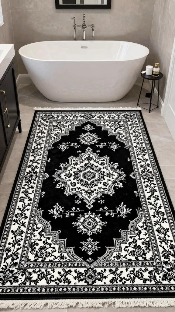 12 Black and White Bathroom Rug Ideas for a Timeless Graphic Floor - 7. Classic Persian Patterns 1
