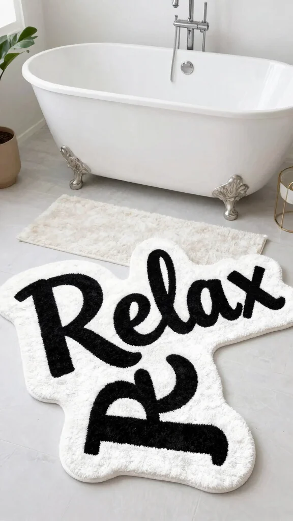 12 Black and White Bathroom Rug Ideas for a Timeless Graphic Floor - 8. Bold Typography 1