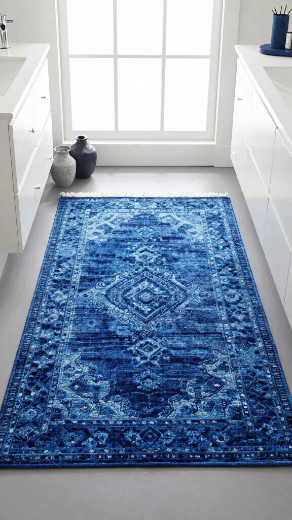 12 Blue Bathroom Rug Ideas From Navy to Sky for a Fresh Calm Floor - 12. Artistic Handwoven Rugs 1