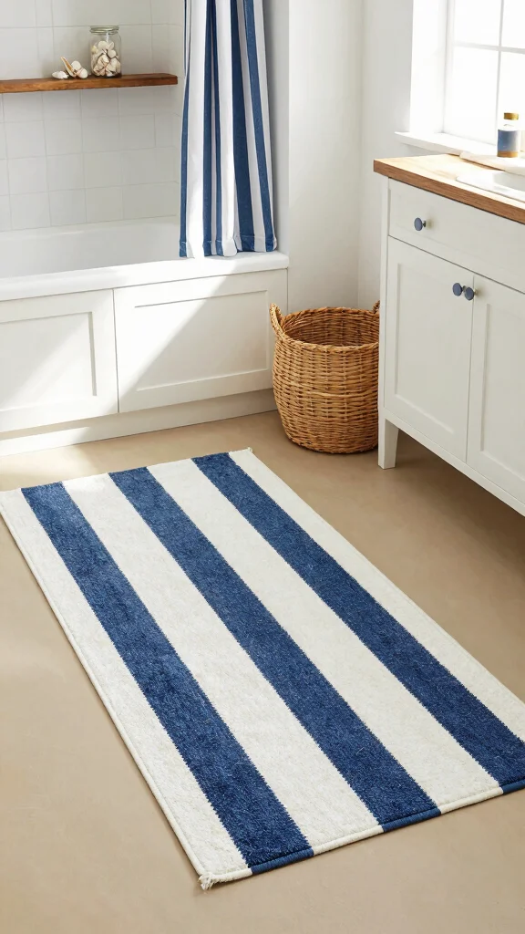 12 Blue Bathroom Rug Ideas From Navy to Sky for a Fresh Calm Floor - 3. Nautical Stripes in Deep Blue 1