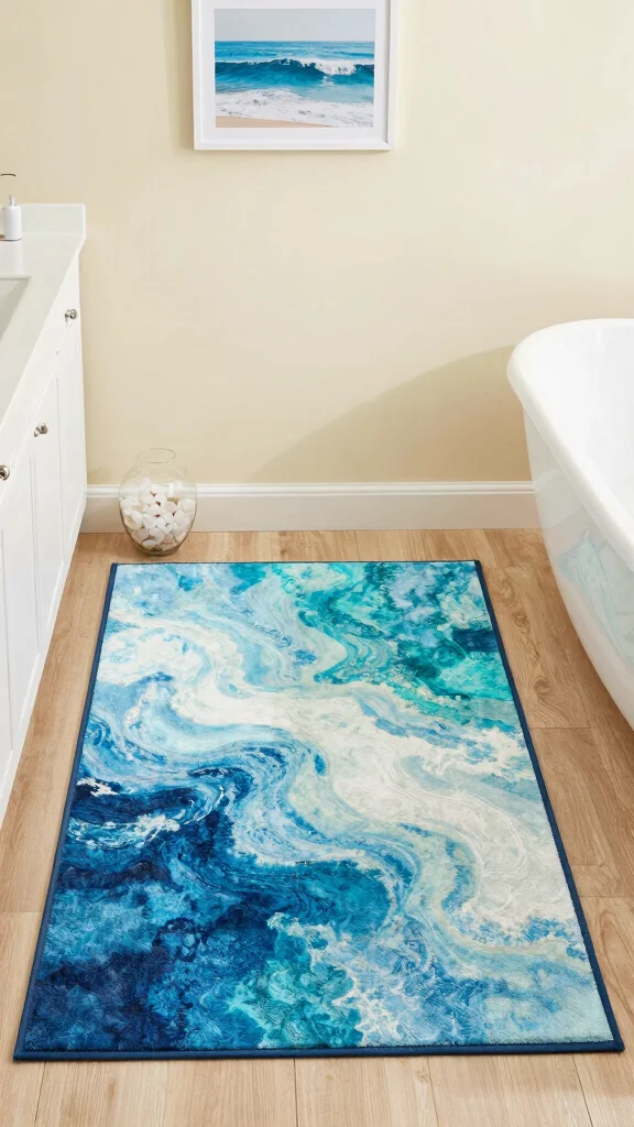 12 Blue Bathroom Rug Ideas From Navy to Sky for a Fresh Calm Floor - 4. Ocean-Inspired Abstract Patterns 1