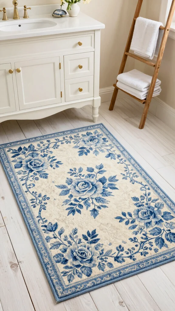 12 Blue Bathroom Rug Ideas From Navy to Sky for a Fresh Calm Floor - 5. Vintage-Inspired Floral Patterns 1
