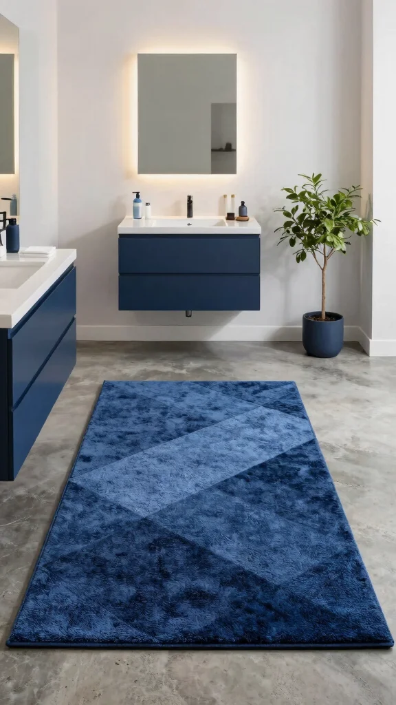 12 Blue Bathroom Rug Ideas From Navy to Sky for a Fresh Calm Floor - 6. Geometric Textured Rugs 1