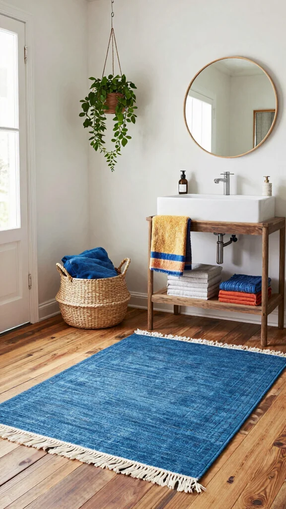 12 Blue Bathroom Rug Ideas From Navy to Sky for a Fresh Calm Floor - 7. Bohemian Fringe Rugs 1