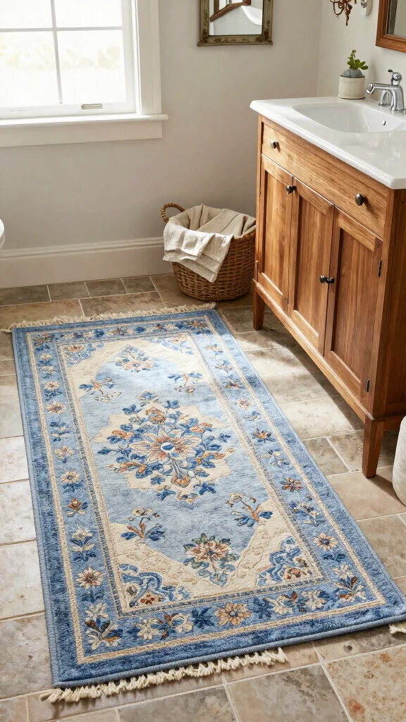12 Blue Bathroom Rug Ideas From Navy to Sky for a Fresh Calm Floor - 9. Vintage Washable Cotton Rugs 1