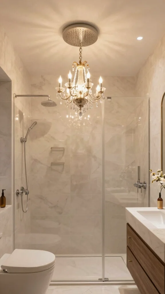 12 Ceiling Rain Shower Head Ideas for an Immersive Spa-Quality Shower - 10. Statement Lighting 1