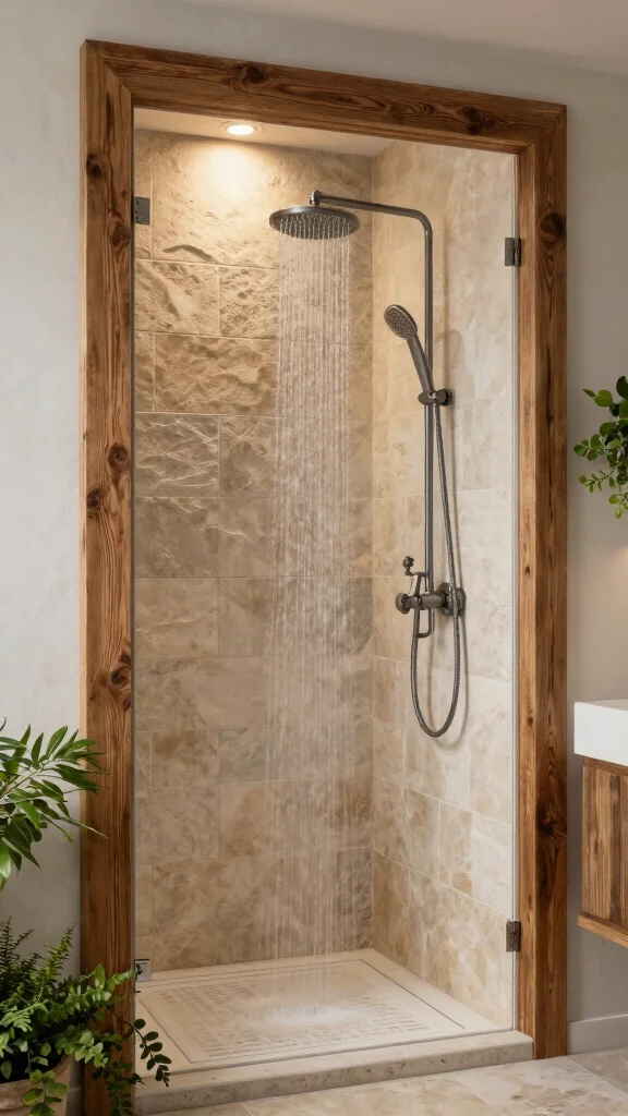 12 Double Shower Head Ideas for Walk-In Showers and Master Baths - 2. Rustic Retreat: Waterfall and Handheld Duo 1