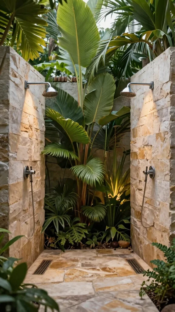 12 Double Shower Head Ideas for Walk-In Showers and Master Baths - 8. Tropical Oasis: Outdoor Double Shower Heads 1