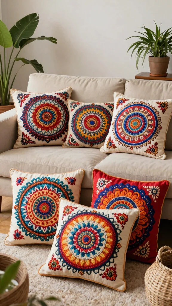 12 Embroidered Pillow Ideas for a Handmade Artisan Home Accent - 1. Colorful Mandala Pillows 1