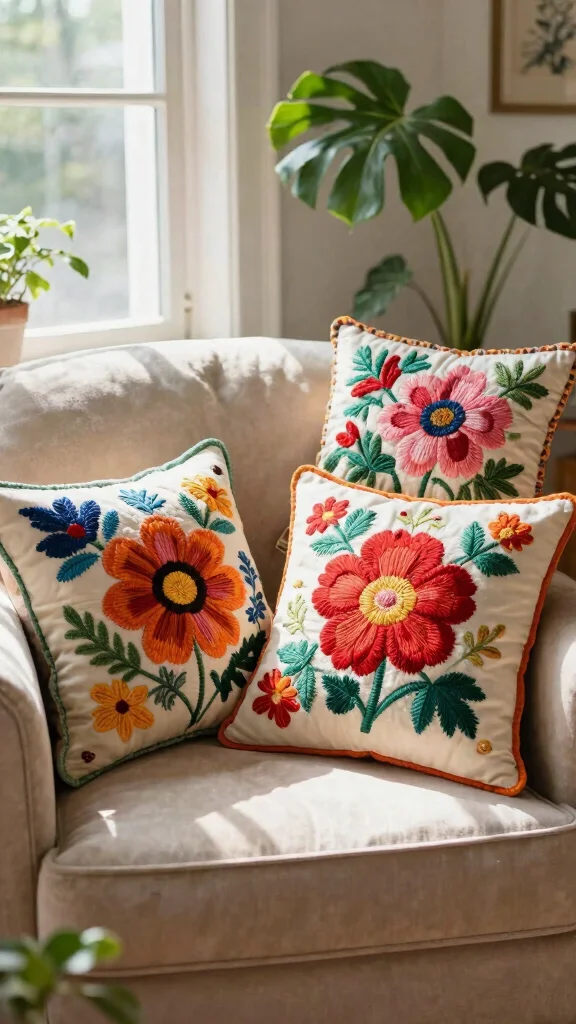 12 Embroidered Pillow Ideas for a Handmade Artisan Home Accent - 3. Floral Embroidered Cushions 1