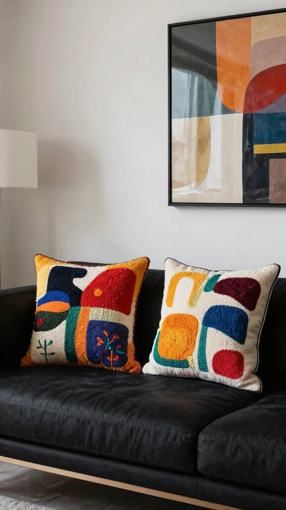 12 Embroidered Pillow Ideas for a Handmade Artisan Home Accent - 8. Artistic Abstract Designs 1