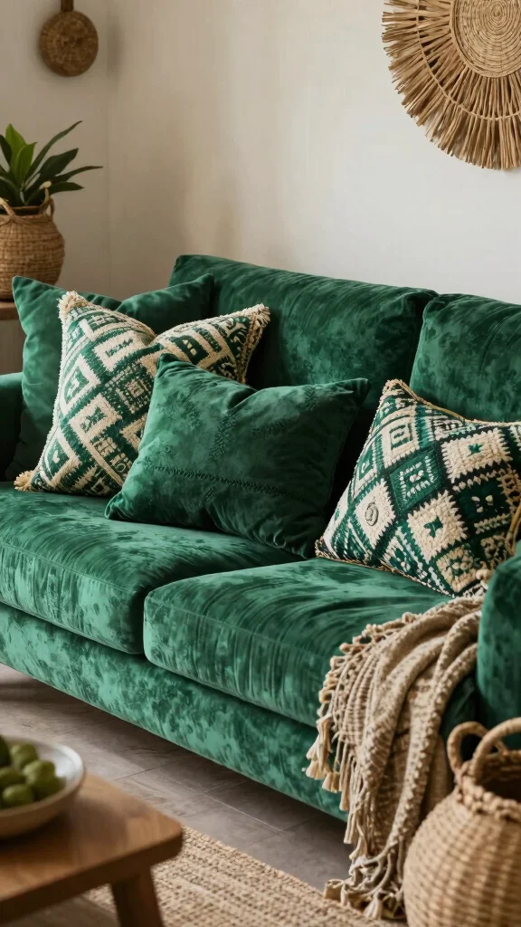 12 Green Pillow Ideas From Sage to Emerald for a Fresh Natural Look - 10. Deep Jade Green Boho Pillows 1