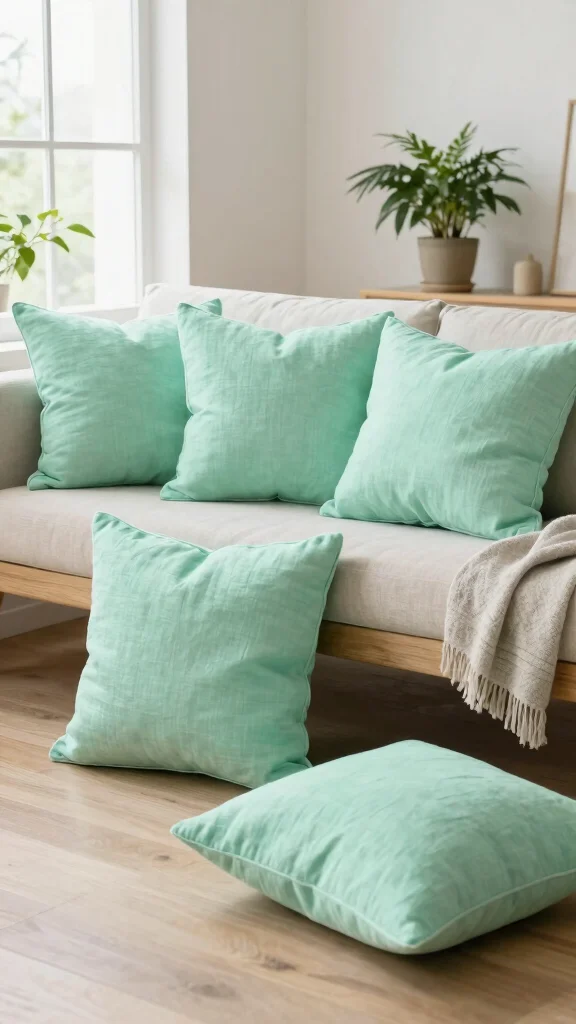 12 Green Pillow Ideas From Sage to Emerald for a Fresh Natural Look - 3. Soft Mint Green Linen Cushions 1