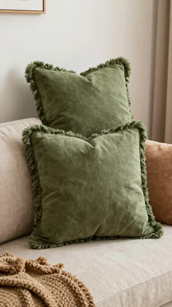 12 Green Pillow Ideas From Sage to Emerald for a Fresh Natural Look - 5. Playful Olive Green Fringe Pillows 1