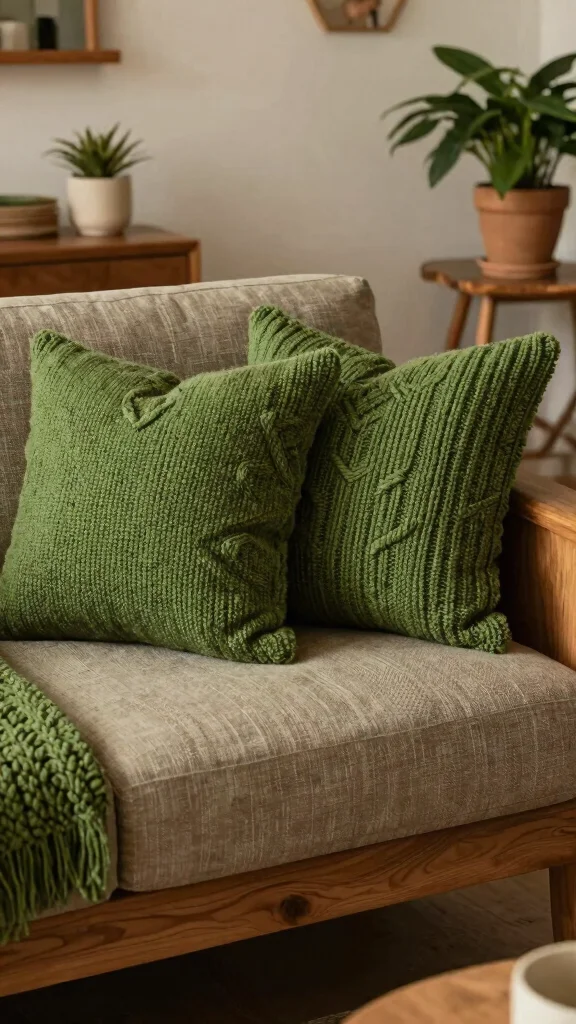 12 Green Pillow Ideas From Sage to Emerald for a Fresh Natural Look - 6. Textured Moss Green Knitted Pillows 1