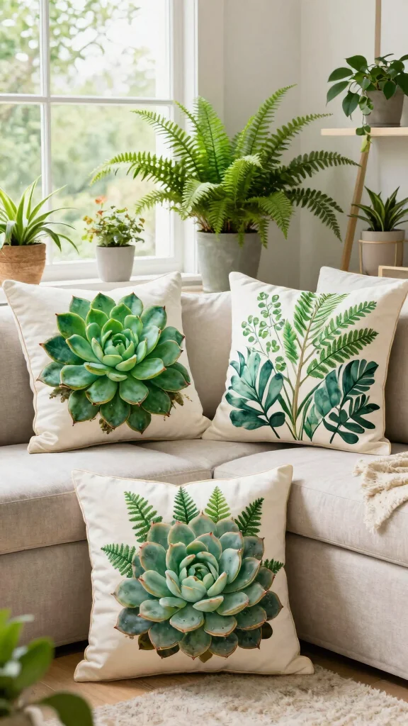 12 Green Pillow Ideas From Sage to Emerald for a Fresh Natural Look - 7. Vibrant Fern Green Succulent Pillows 1
