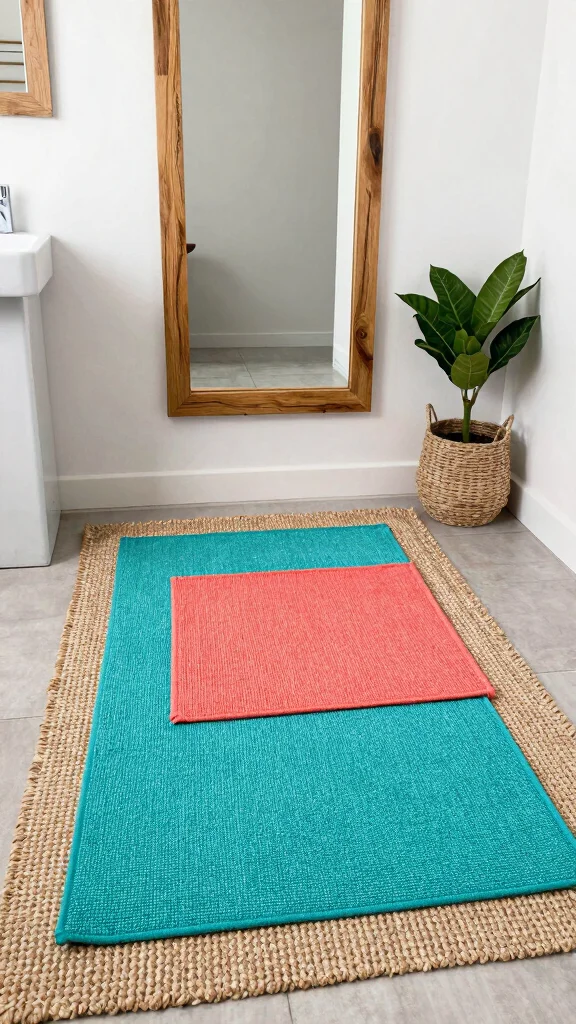 12 Jute Rug Ideas for the Bathroom for a Natural Earthy Texture - 1. Layer It with Colorful Mats 1