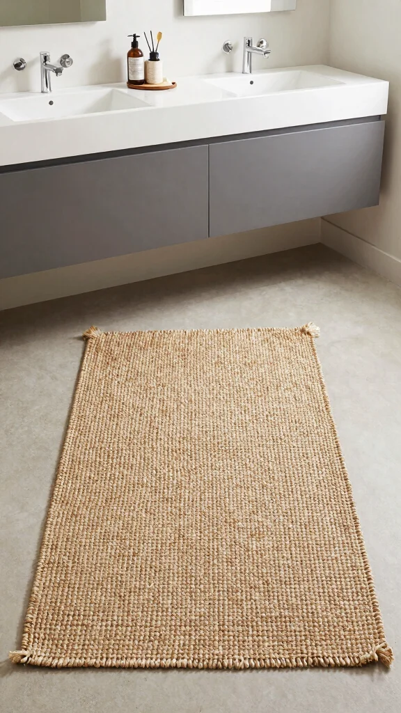 12 Large Bathroom Rug Ideas for Double Vanities and Spacious Floors - 6. Handwoven Jute Rugs 1