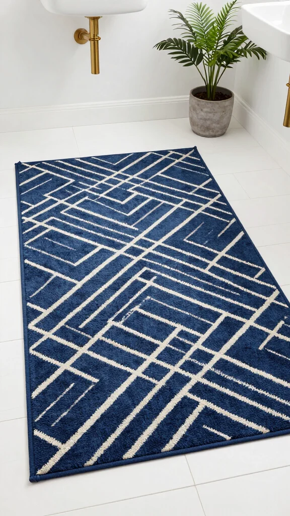 12 Navy Blue Bathroom Rug Ideas for a Rich Classic Floor Layer - 2. Geometric Patterns for Modern Appeal 1