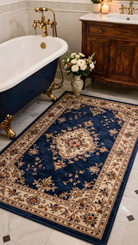 12 Navy Blue Bathroom Rug Ideas for a Rich Classic Floor Layer - 3. Vintage Charm with Ornate Designs 1