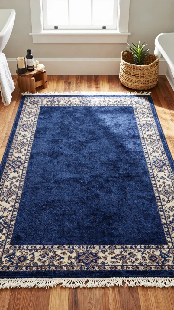 12 Navy Blue Bathroom Rug Ideas for a Rich Classic Floor Layer - 9. Layered Rugs for Visual Interest 1