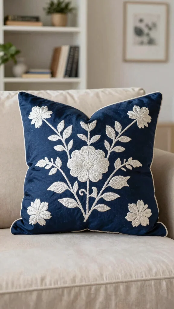 12 Navy Blue Pillow Ideas for a Rich Classic Timeless Home Accent - 3. Classic Embroidered Details 1